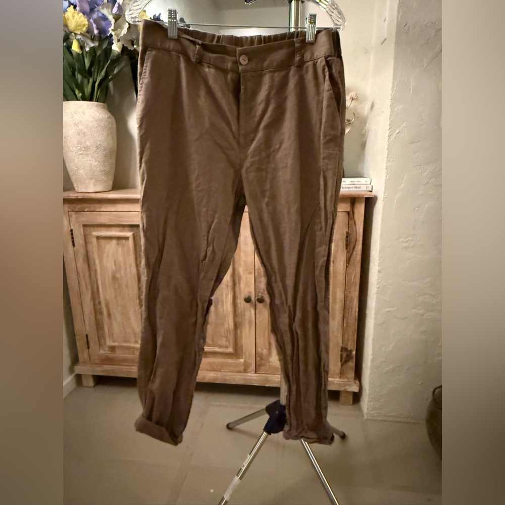 Dear Deer 100% Linen Brown Tapered Cropped Trousers Relaxed Low Rise Pants L - Picture 5 of 11